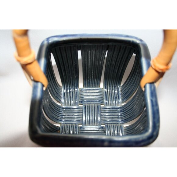 Parmentier Pottery Ceramic Basket Blue With Bamboo Handle - Picture 4 of 8